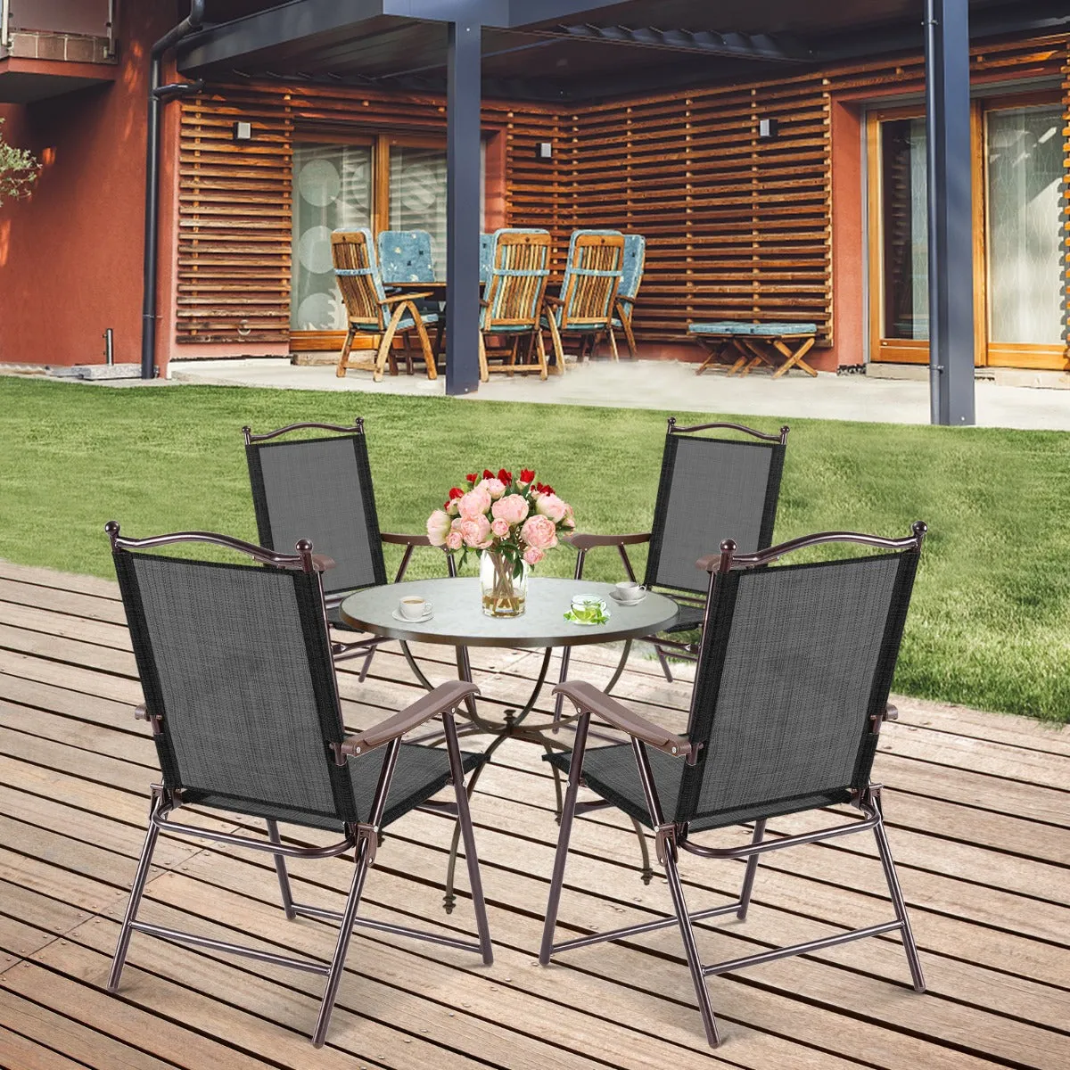 NNECW Set of 2 Patio Folding Chairs with Armrests for Garden Black