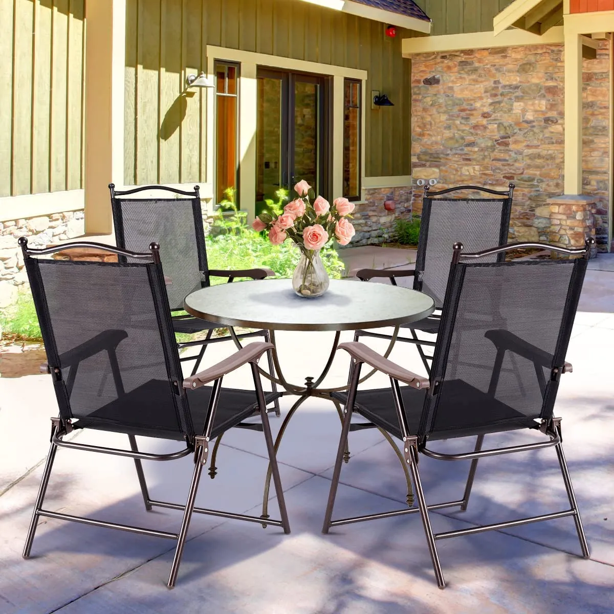 NNECW Set of 2 Patio Folding Chairs with Armrests for Garden Black