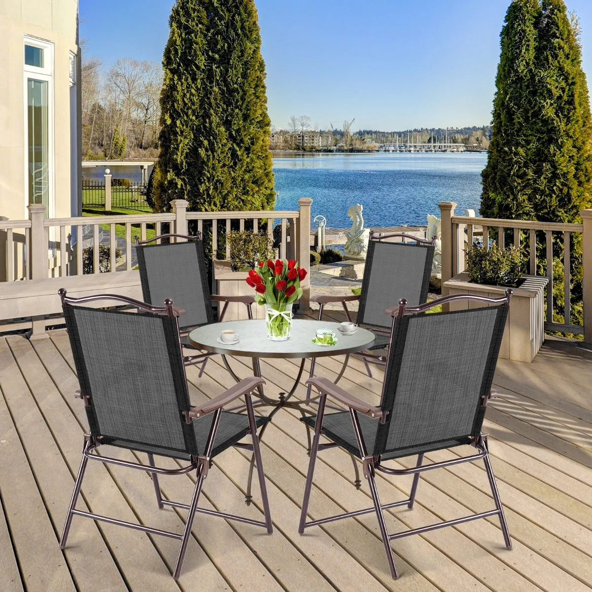 NNECW Set of 2 Patio Folding Chairs with Armrests for Garden Black