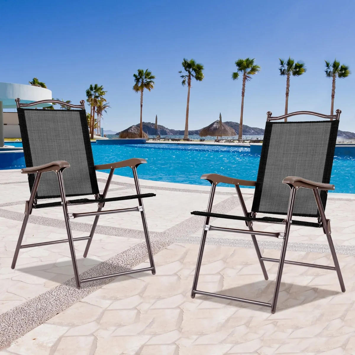 NNECW Set of 2 Patio Folding Chairs with Armrests for Garden Black