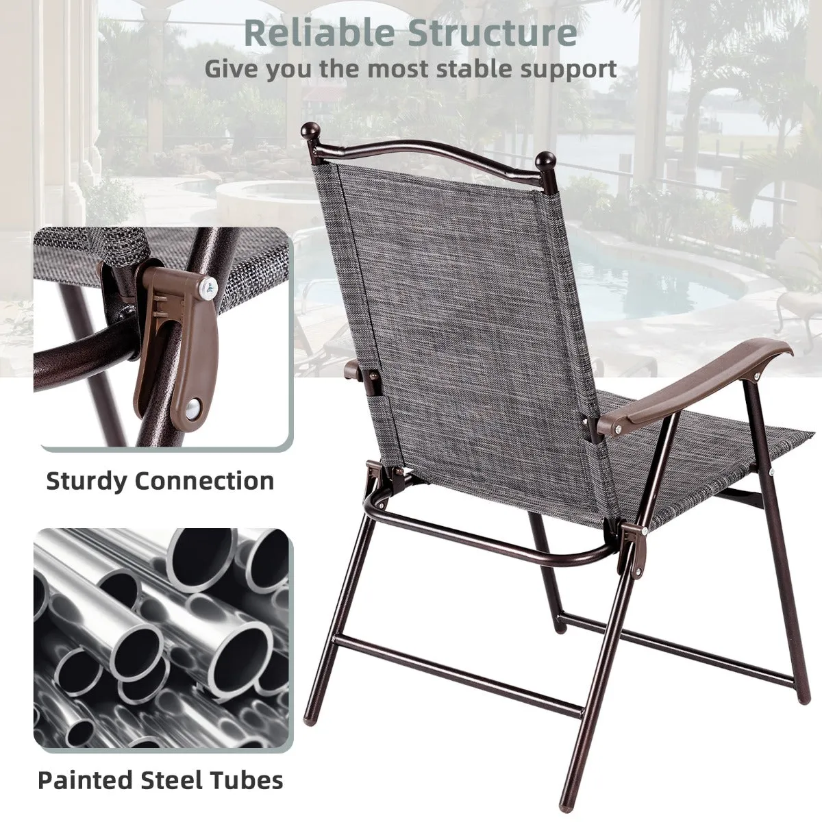 NNECW Set of 2 Patio Folding Chairs with Armrests for Garden Gray