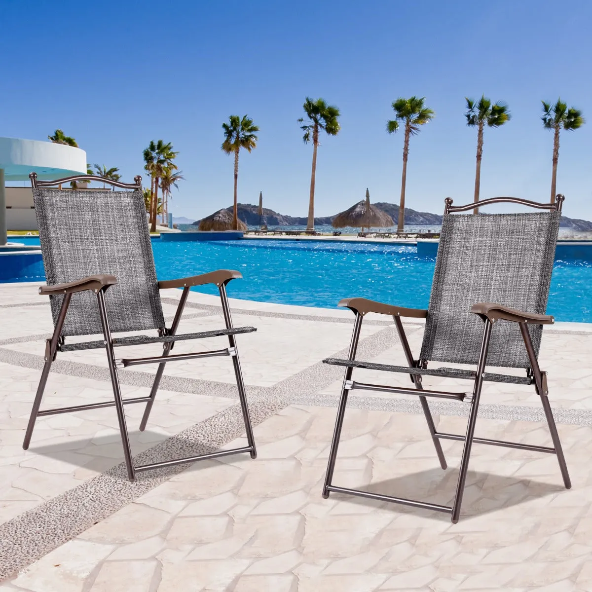 NNECW Set of 2 Patio Folding Chairs with Armrests for Garden Gray