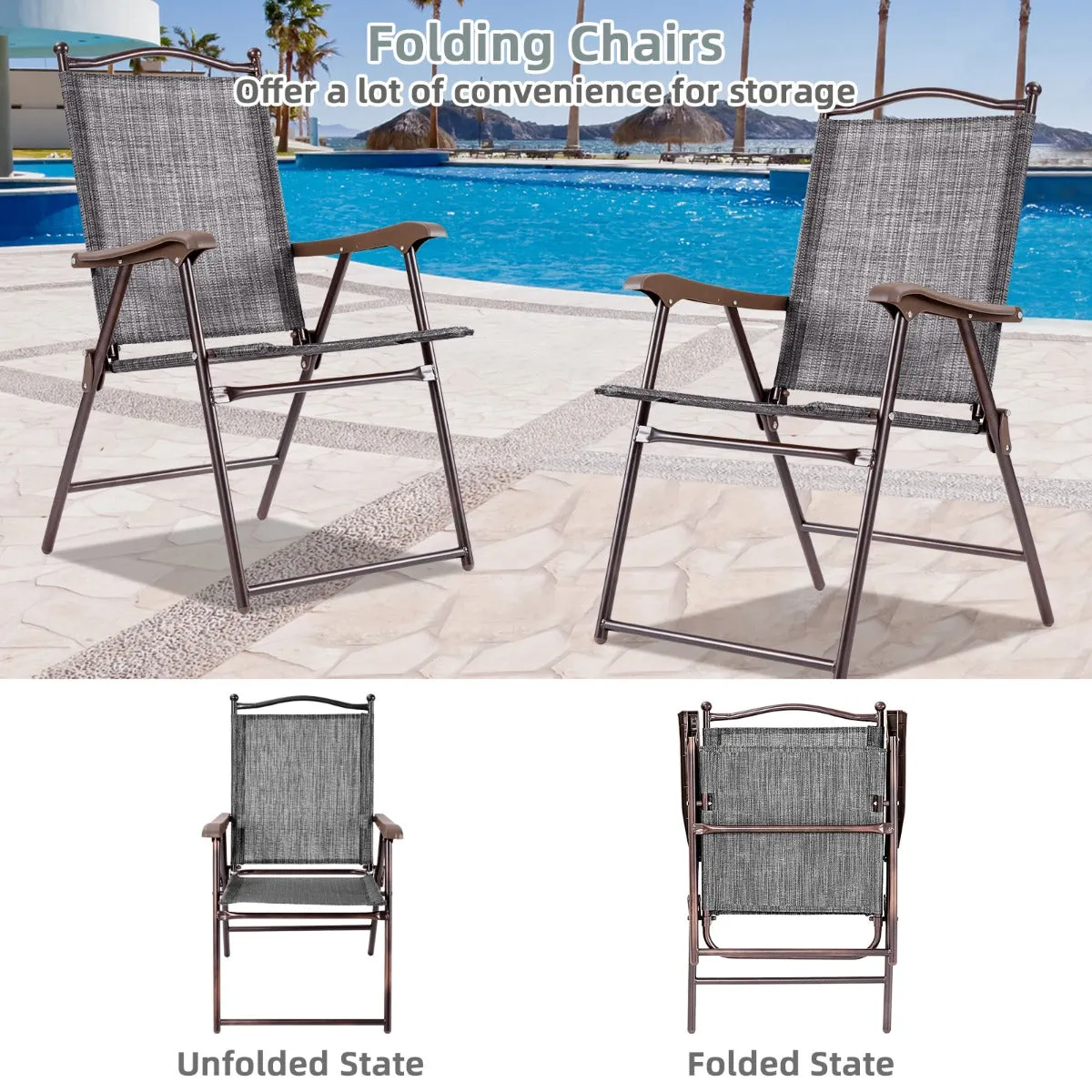 NNECW Set of 2 Patio Folding Chairs with Armrests for Garden Gray
