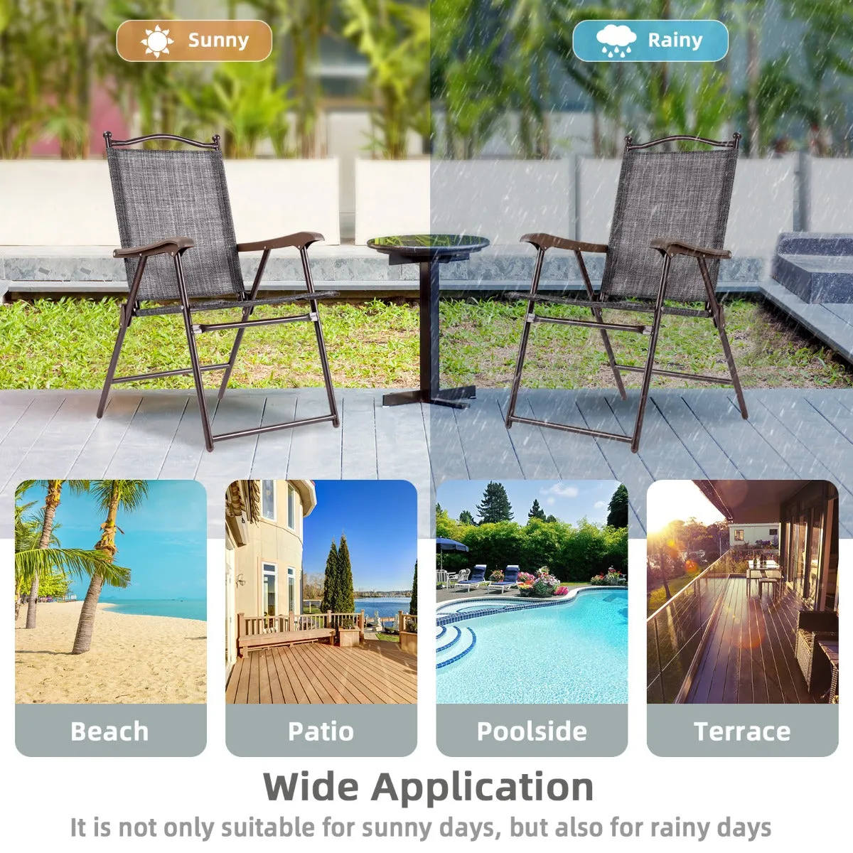 NNECW Set of 2 Patio Folding Chairs with Armrests for Garden Gray