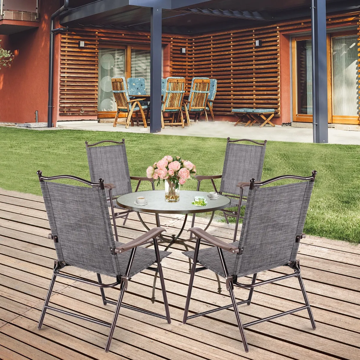 NNECW Set of 2 Patio Folding Chairs with Armrests for Garden Gray
