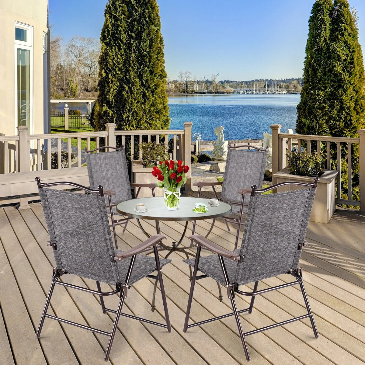 NNECW Set of 2 Patio Folding Chairs with Armrests for Garden Gray