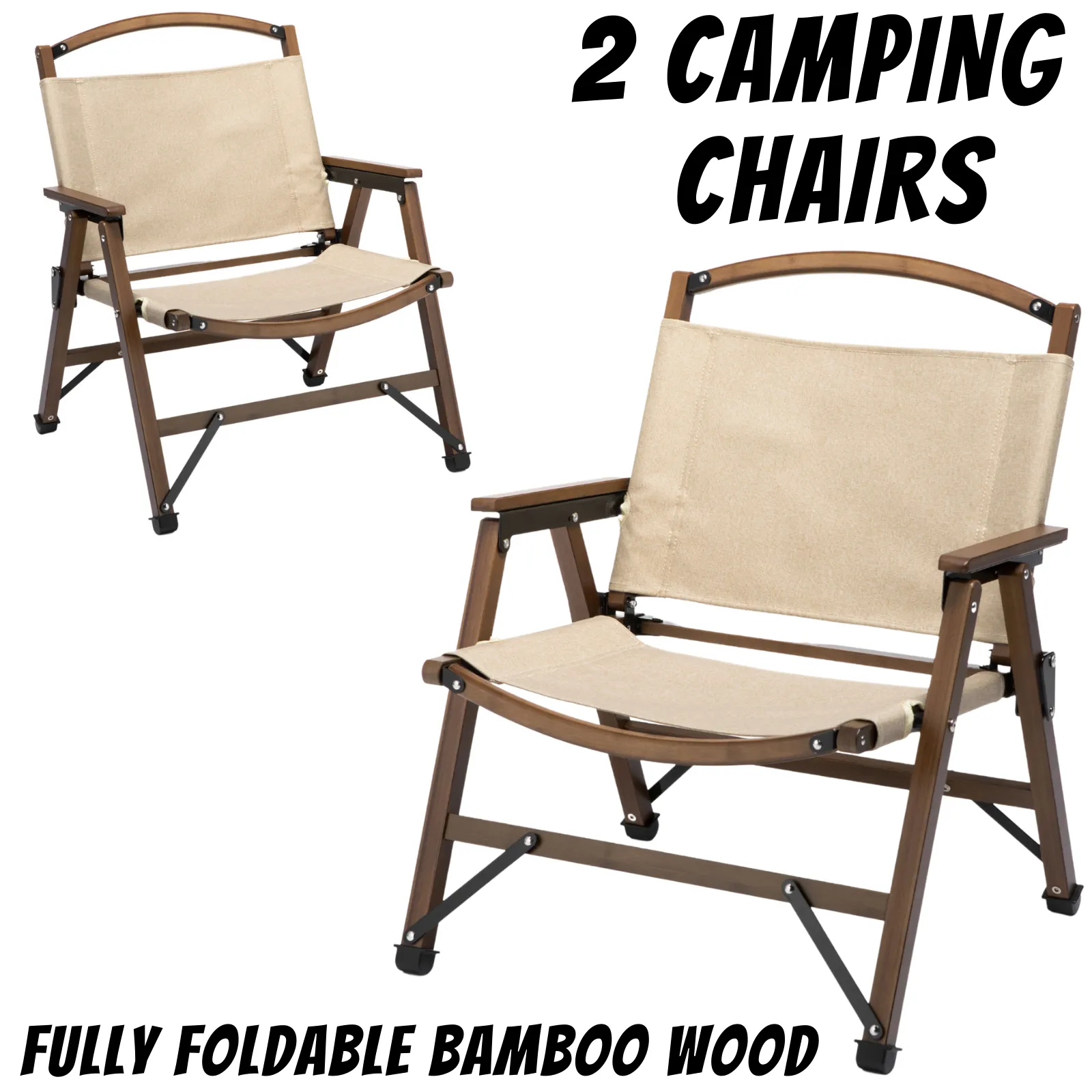 NNEDSZ 2x Bamboo Foldable Outdoor Camping Chair Wooden Travel Picnic Park Folding - Khaki/Beige