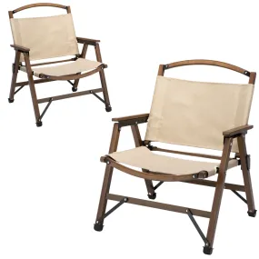 NNEDSZ 2x Bamboo Foldable Outdoor Camping Chair Wooden Travel Picnic Park Folding - Khaki/Beige