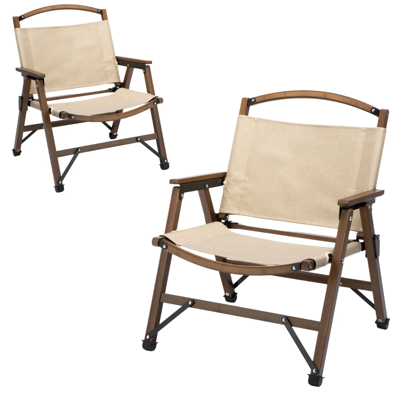 NNEDSZ 2x Bamboo Foldable Outdoor Camping Chair Wooden Travel Picnic Park Folding - Khaki/Beige