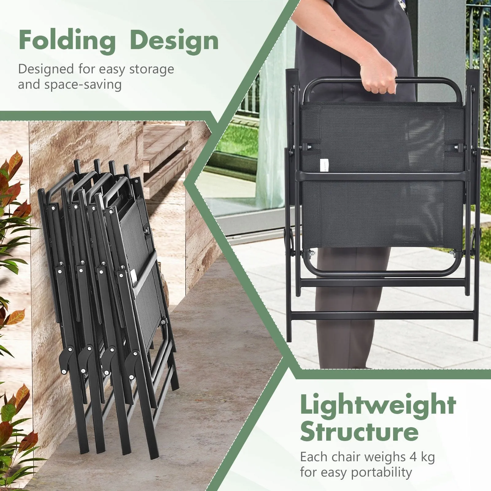 Outdoor Folding Chairs Set of 4 with Breathable Seat and Cozy Armrests-Black