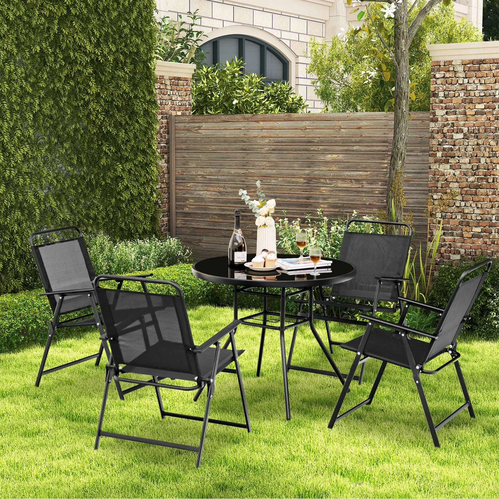 Outdoor Folding Chairs Set of 4 with Breathable Seat and Cozy Armrests-Black