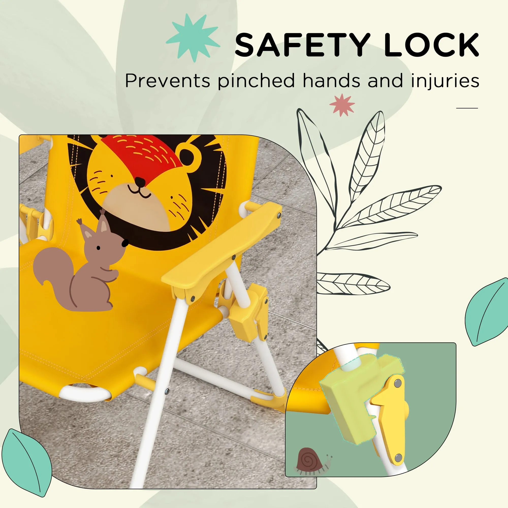 Outsunny Kids Picnic Table and Chair Set, Lion Themed Outdoor Garden Furniture w/ Foldable Chairs, Adjustable Parasol - Yellow