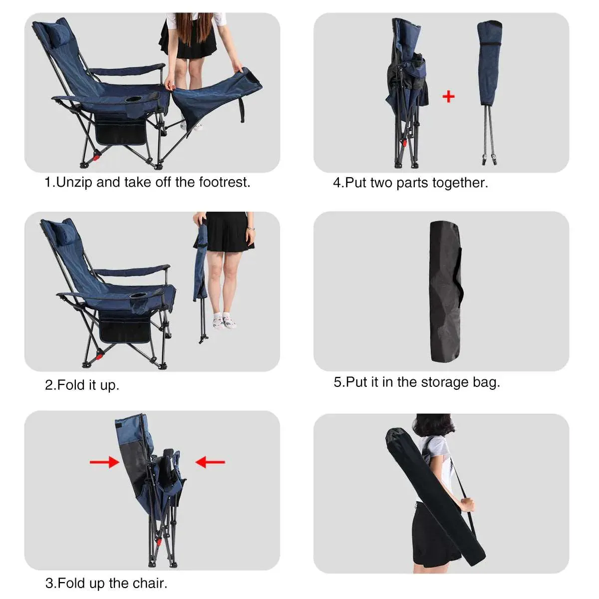 Portable Folding Reclining Camp Chairs with Removable Footrest and Adjustable Backrest, Blue