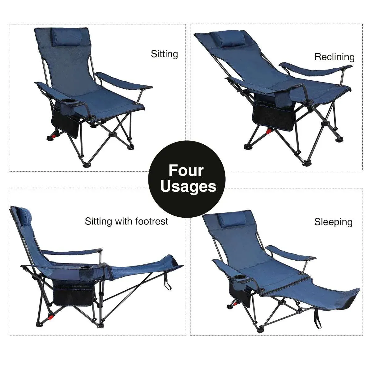 Portable Folding Reclining Camp Chairs with Removable Footrest and Adjustable Backrest, Blue