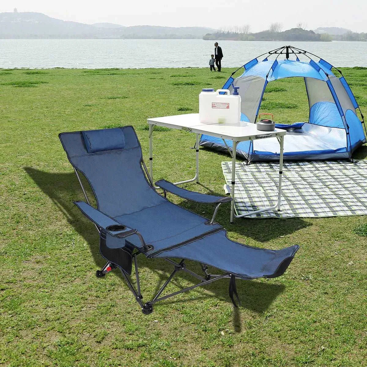Portable Folding Reclining Camp Chairs with Removable Footrest and Adjustable Backrest, Blue