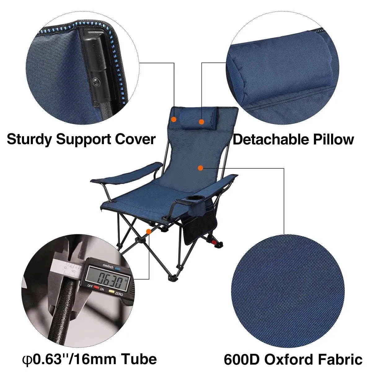 Portable Folding Reclining Camp Chairs with Removable Footrest and Adjustable Backrest, Blue