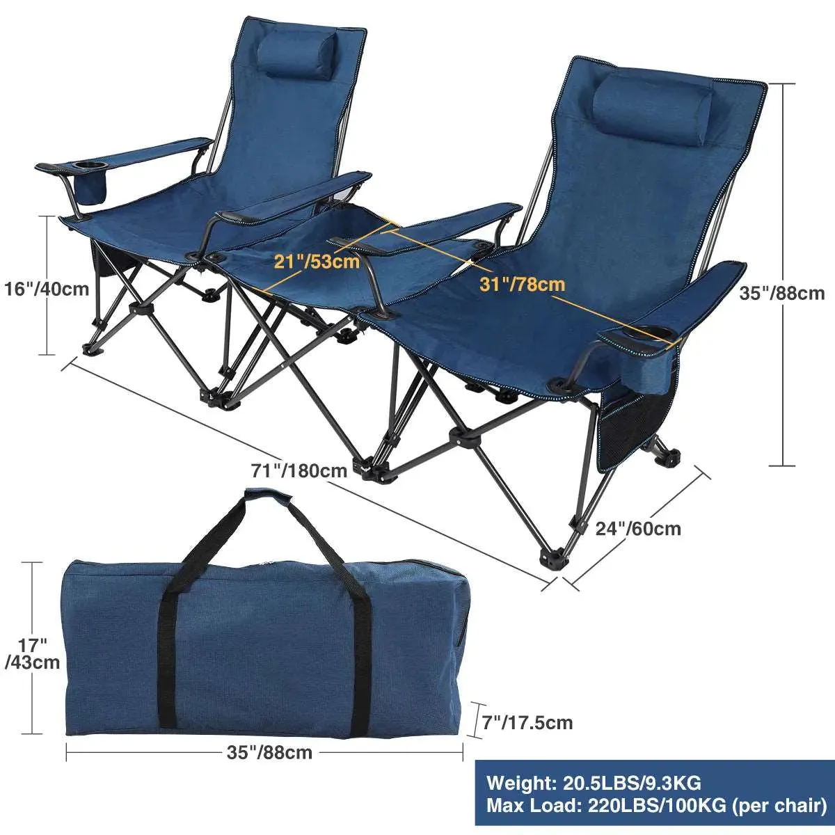Portable Folding Reclining Camp Chairs with Removable Footrest and Adjustable Backrest, Blue