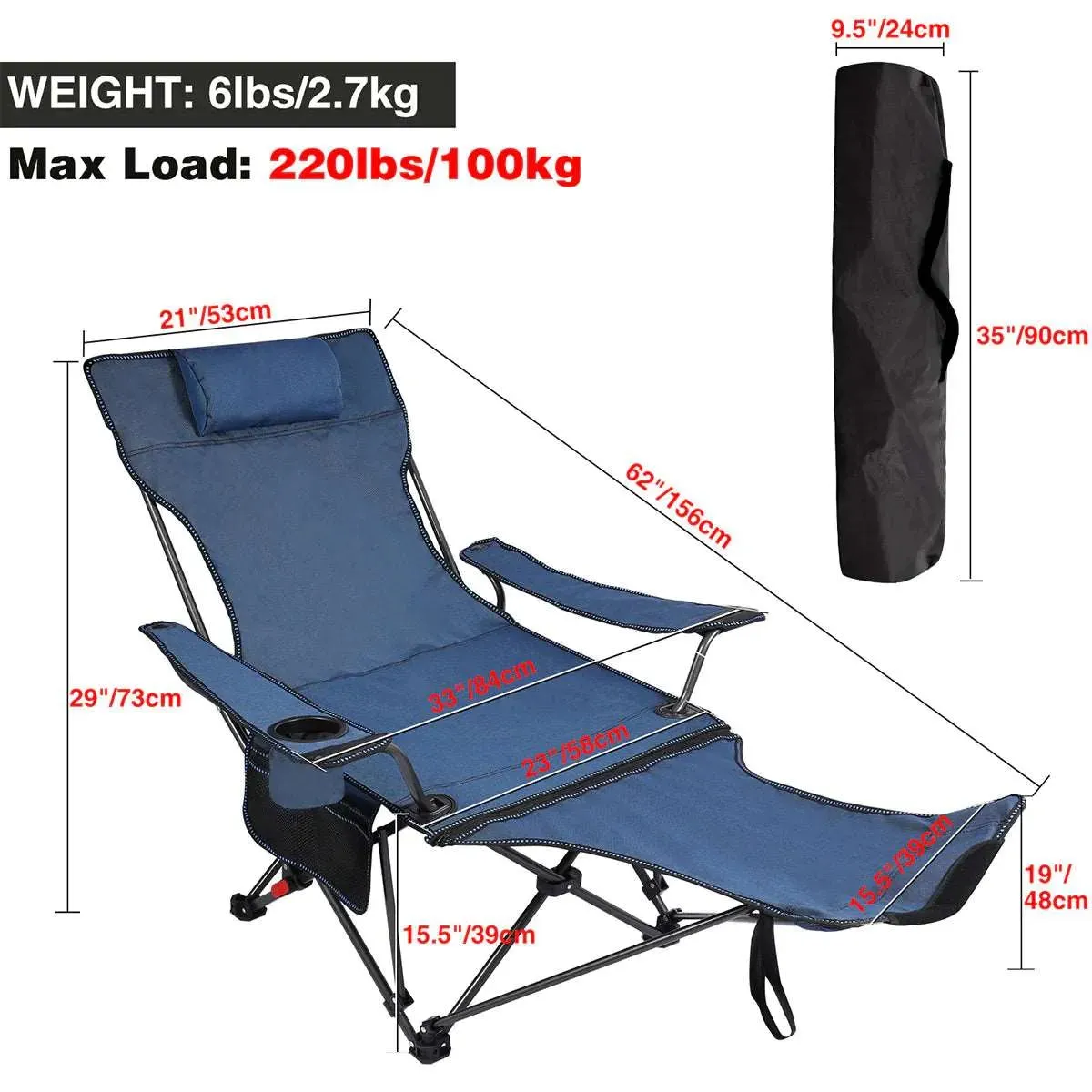 Portable Folding Reclining Camp Chairs with Removable Footrest and Adjustable Backrest, Blue