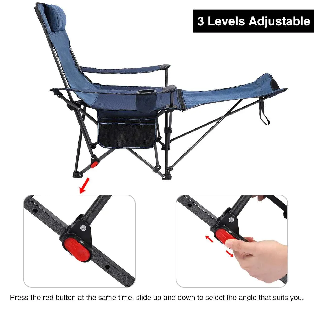 Portable Folding Reclining Camp Chairs with Removable Footrest and Adjustable Backrest, Blue