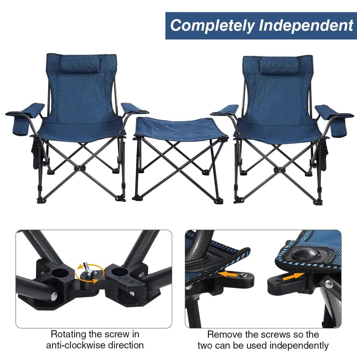 Portable Folding Reclining Camp Chairs with Removable Footrest and Adjustable Backrest, Blue