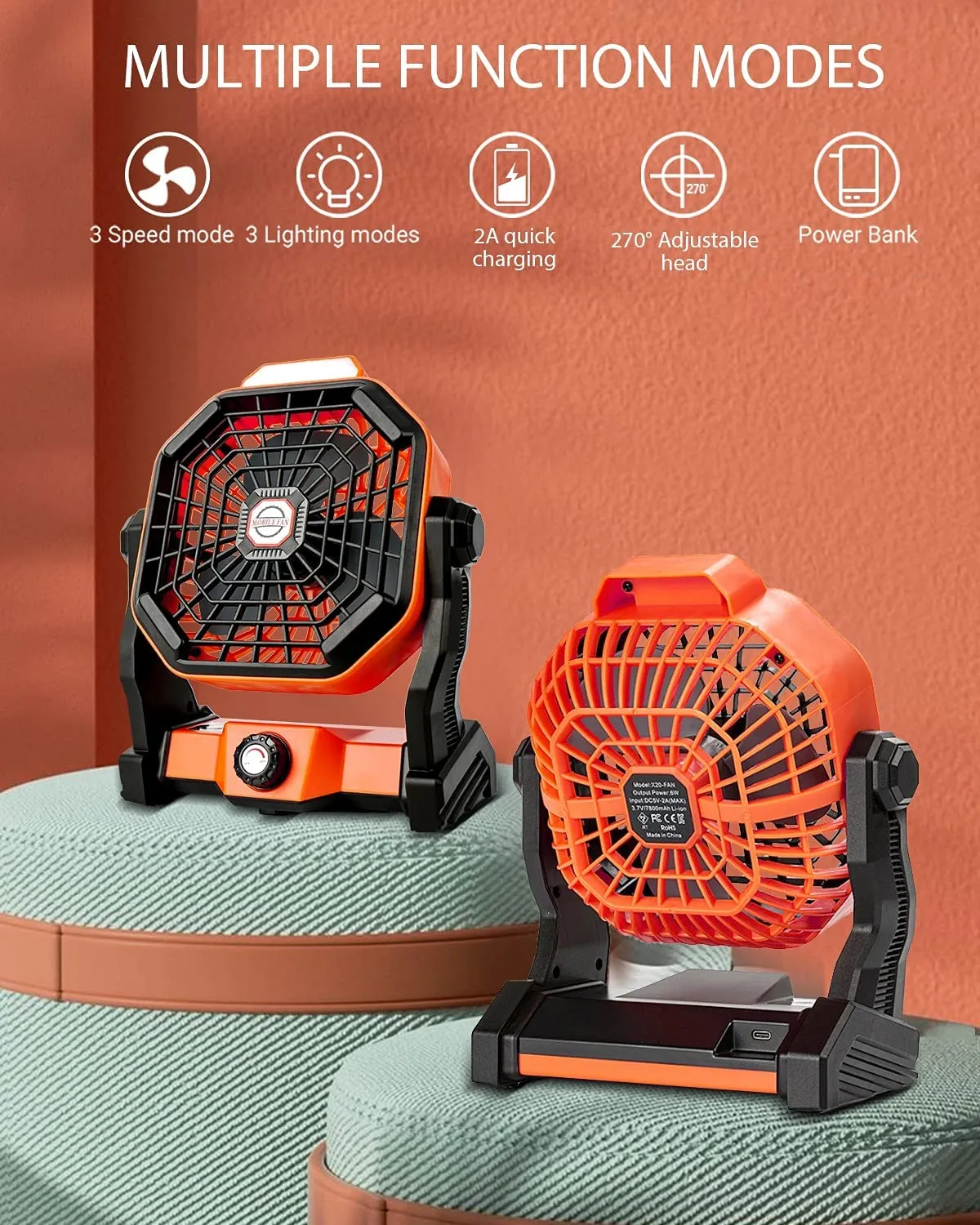 Portable USB Rechargeable Camping Fan with LED Lights, Adjustable Speed, 7800mAh Battery for Tent Lantern