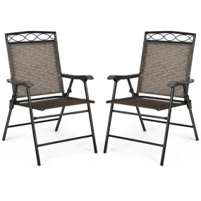 Set of 2 Patio Folding Chairs Sling Portable Dining Chair Set with Armrest