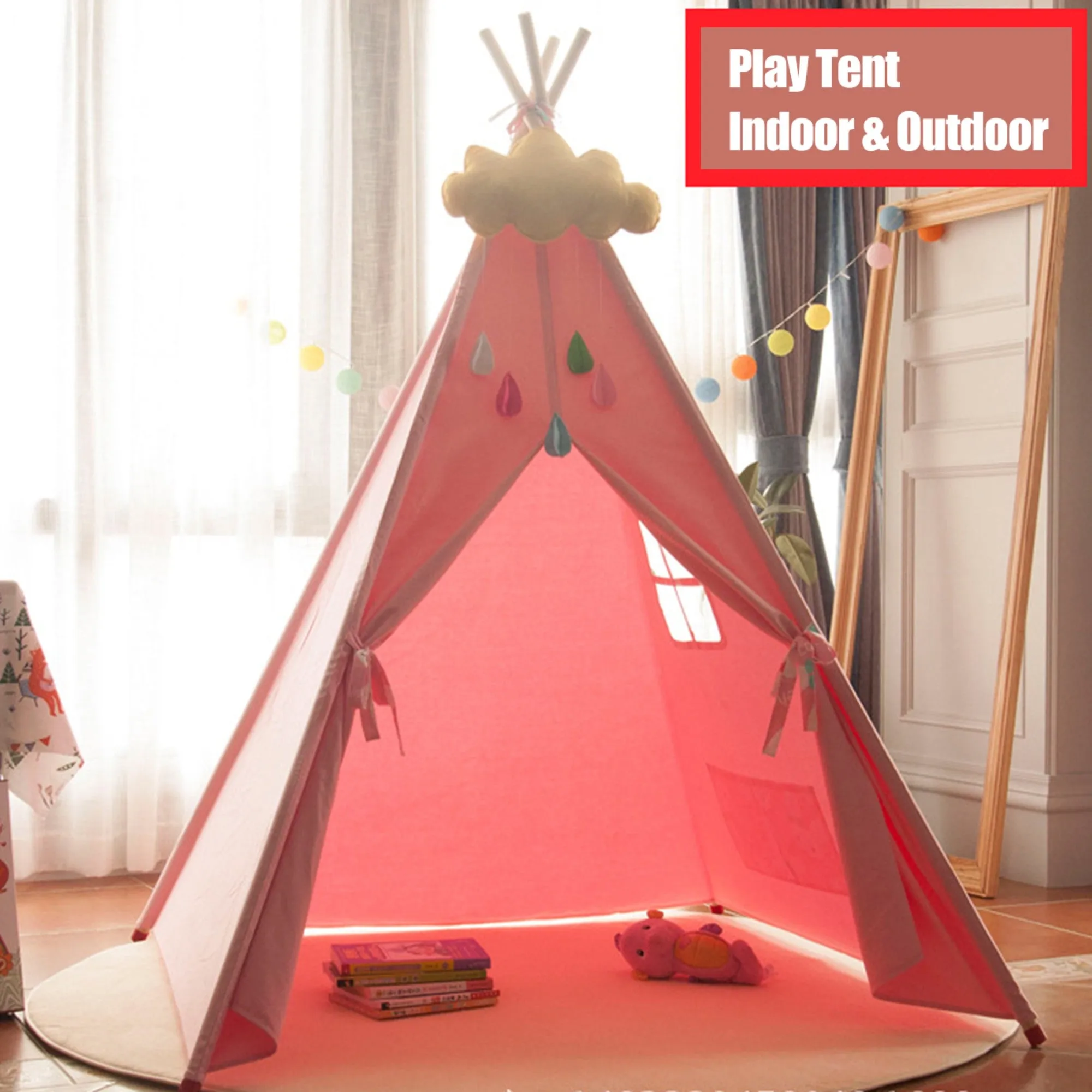 Teepee Tent Cubby House Larger for kids-Pink-130 cm Size